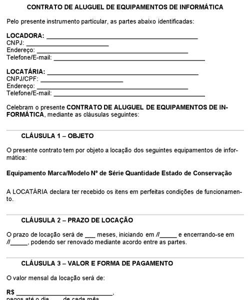 Visualização principal de Modelo de Contrato de Aluguel de Equipamentos de Informática – Locação de Notebooks, Computadores, Servidores e Acessórios