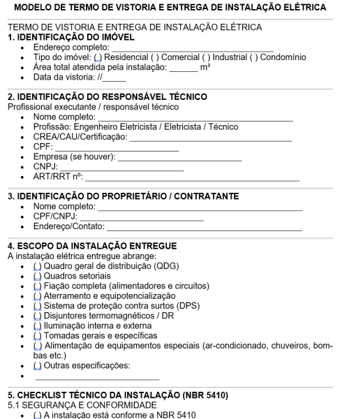 Visualização principal de Modelo de Termo de Vistoria e Entrega de Instalação Elétrica