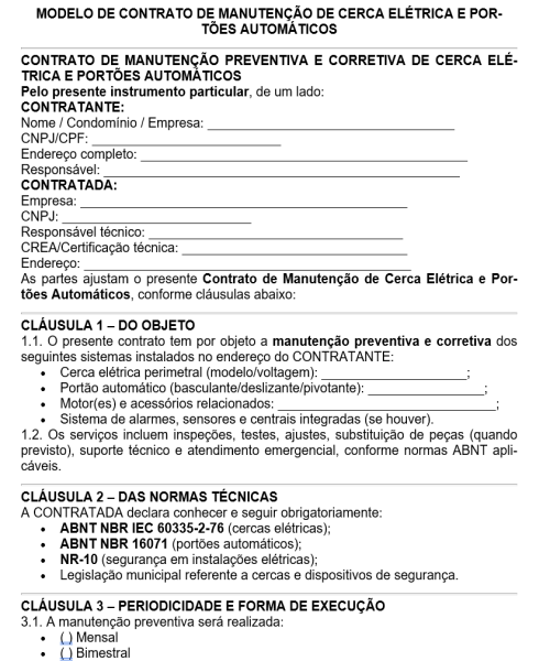 Visualização principal de Modelo de Contrato de Manutenção de Cerca Elétrica e Portões Automáticos