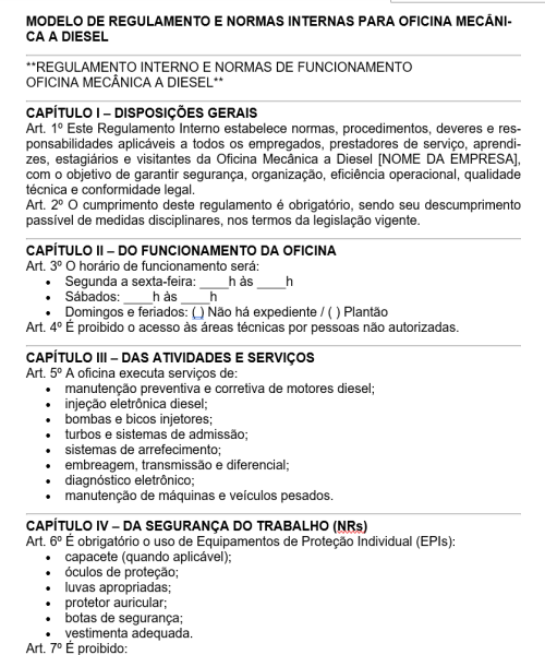 Visualização principal de Modelo de Regulamento e Normas Internas para Oficina Mecânica a Diesel
