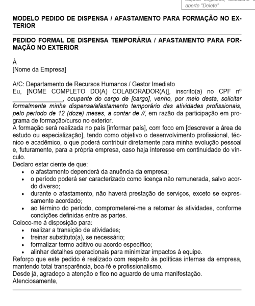 Visualização principal de Modelo de Contrato de Pedido de Dispensa Afastamento para Formação no Exterior