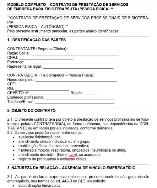 Visualização principal de Modelo de Contrato de Prestação de Serviços de Empresa para Fisioterapeuta Pessoa Física