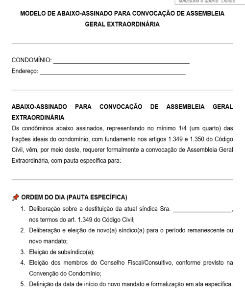 Visualização principal de Modelo de Abaixo-Assinado para Convocação de Assembleia Extraordinária de Condomínio — Destituição de Síndico(a) e Nova Eleição