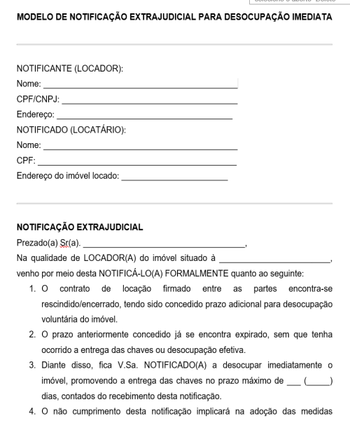 Visualização principal de Modelo de Notificação Extrajudicial para Desocupação Imediata de Imóvel – Prazo Encerrado (Lei do Inquilinato)
