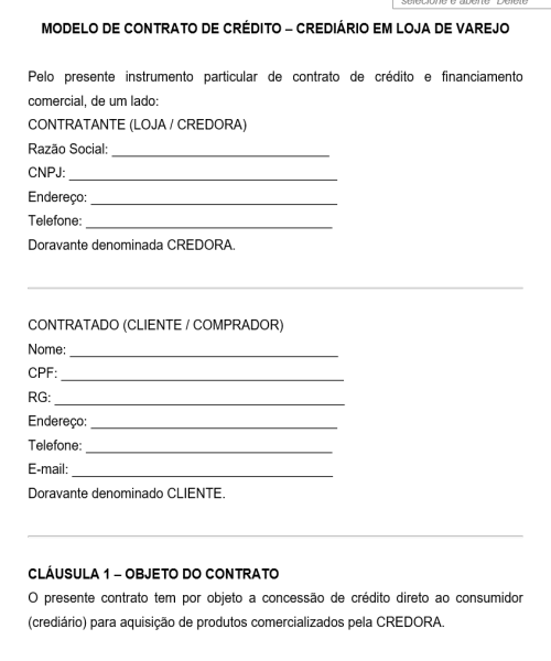 Visualização principal de Modelo de Contrato de Crédito – Crediário em Loja de Varejo (CDC e LGPD)