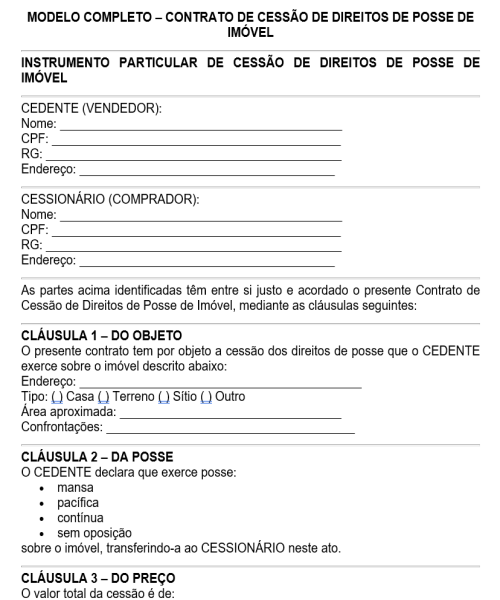 Visualização principal de Modelo Completo de Contrato de Cessão de Direitos de Posse de Imóvel