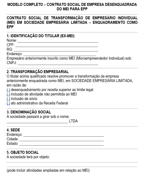 Visualização principal de Modelo de Contrato Social para Empresa Desenquadrada do MEI e Enquadrada como EPP – Regularização e Transformação Empresarial