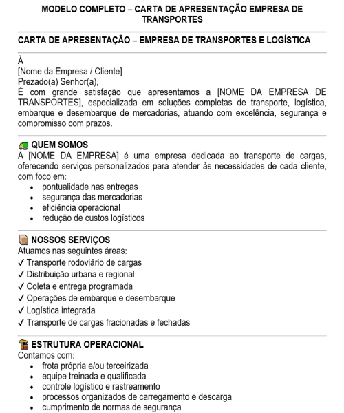 Visualização principal de Modelo de Carta de Apresentação para Empresa de Transportes – Logística, Cargas, Embarque e Desembarque