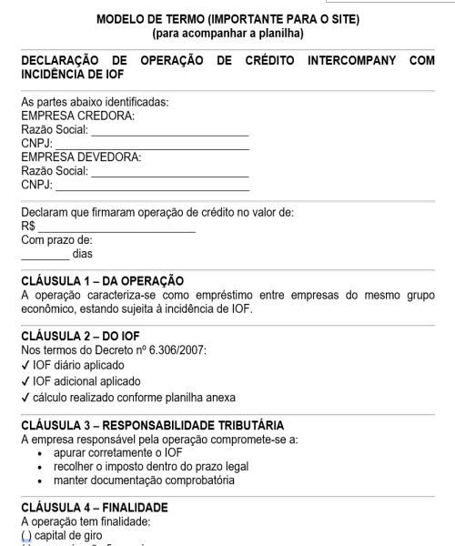 Visualização principal de Modelo de Planilha de Cálculo de IOF para Empréstimos entre Empresas do Mesmo Grupo (Intercompany)