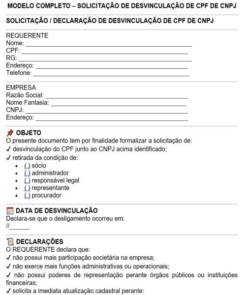 Visualização principal de Modelo de Solicitação de Desvinculação de CPF de CNPJ – Retirada de Sócio, Responsável ou Administrador