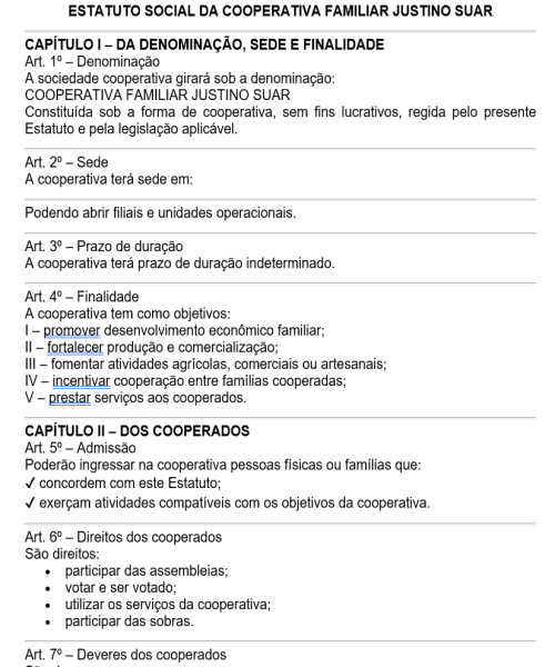 Visualização principal de Modelo de Estatuto da Cooperativa Familiar Justino Suar – Constituição, Administração e Governança Cooperativa