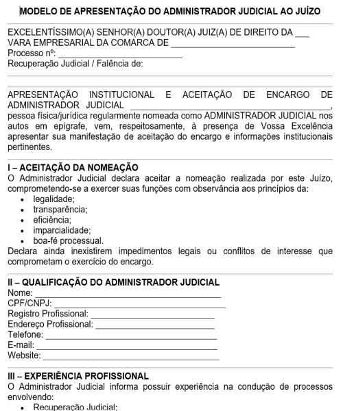 Visualização principal de Modelo de Apresentação Institucional de Administrador Judicial ao Juízo – Aceitação de Nomeação e Plano Inicial de Atuação