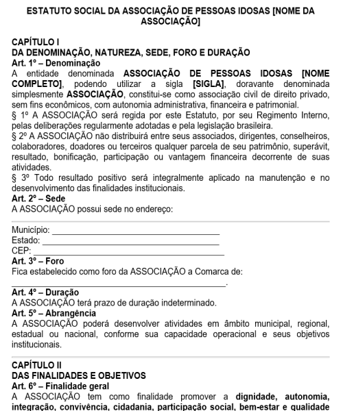 Visualização principal de Modelo de Estatuto Social de Associação de Pessoas Idosas – Convivência, Assistência, Diretoria, Conselho Fiscal e Direitos da Pessoa Idosa