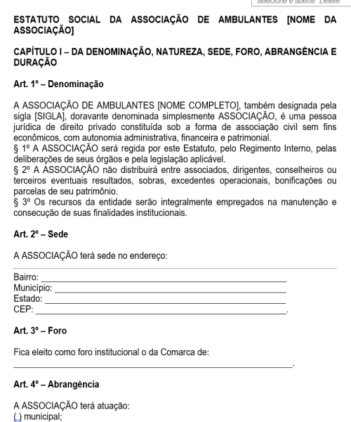 Visualização principal de Modelo de Estatuto Social de Associação de Ambulantes – Constituição, Diretoria, Associados e Representação