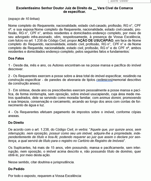 Visualização principal de Modelo de Petição Usucapião Extraordinária - Imóvel - Novo CPC Lei nº 13.105.15